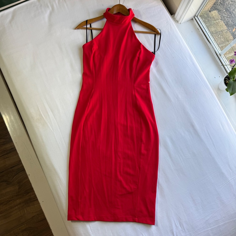 Bebe Red Mock Neck Halter Bodycon Midi Dress Large Made in USA